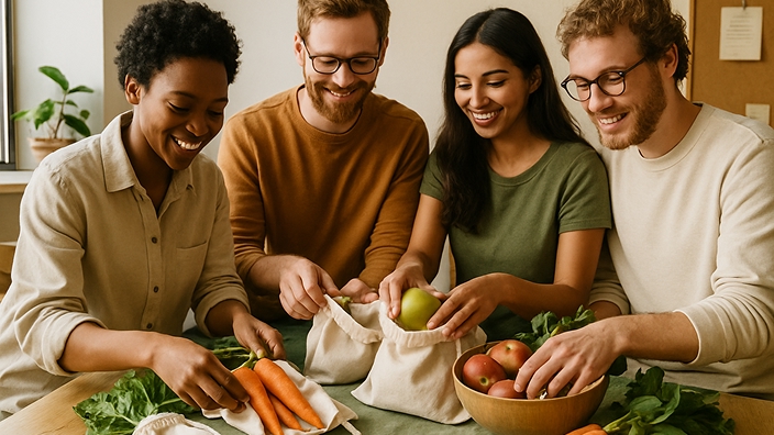 Team members selecting fresh organic products